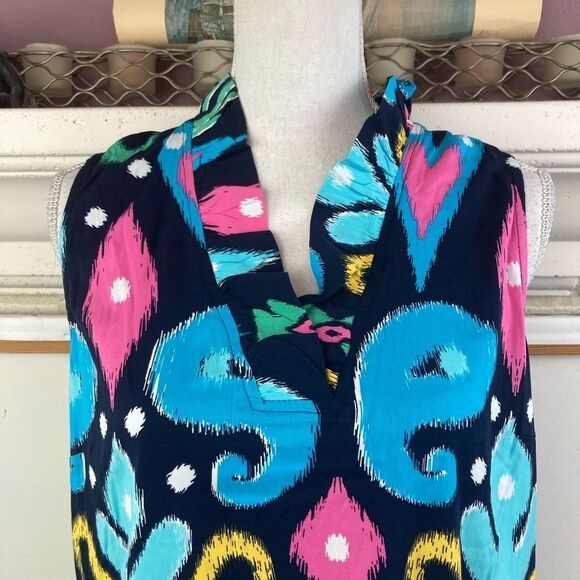 Crown& Ivy BNWT Navy Ikat w/ ruffle neckline sleeveless blouse - Picture 4 of 11